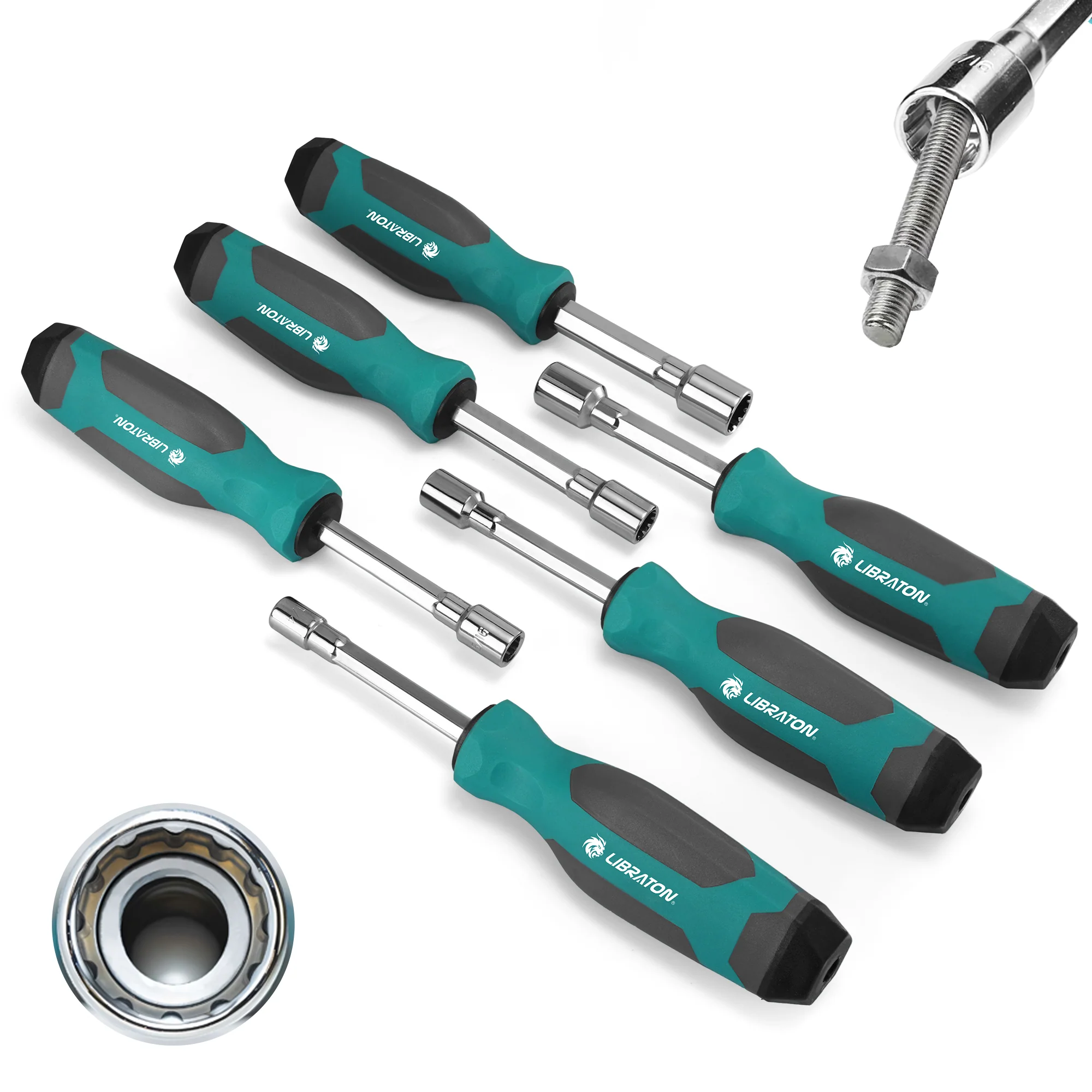 LIBRATON 6-Pc SAE Full-Hollow Nut Drivers – 12-Point Magnetic, 1/4″ to 1/2″ (6 Sizes), Long-Bolt Ready