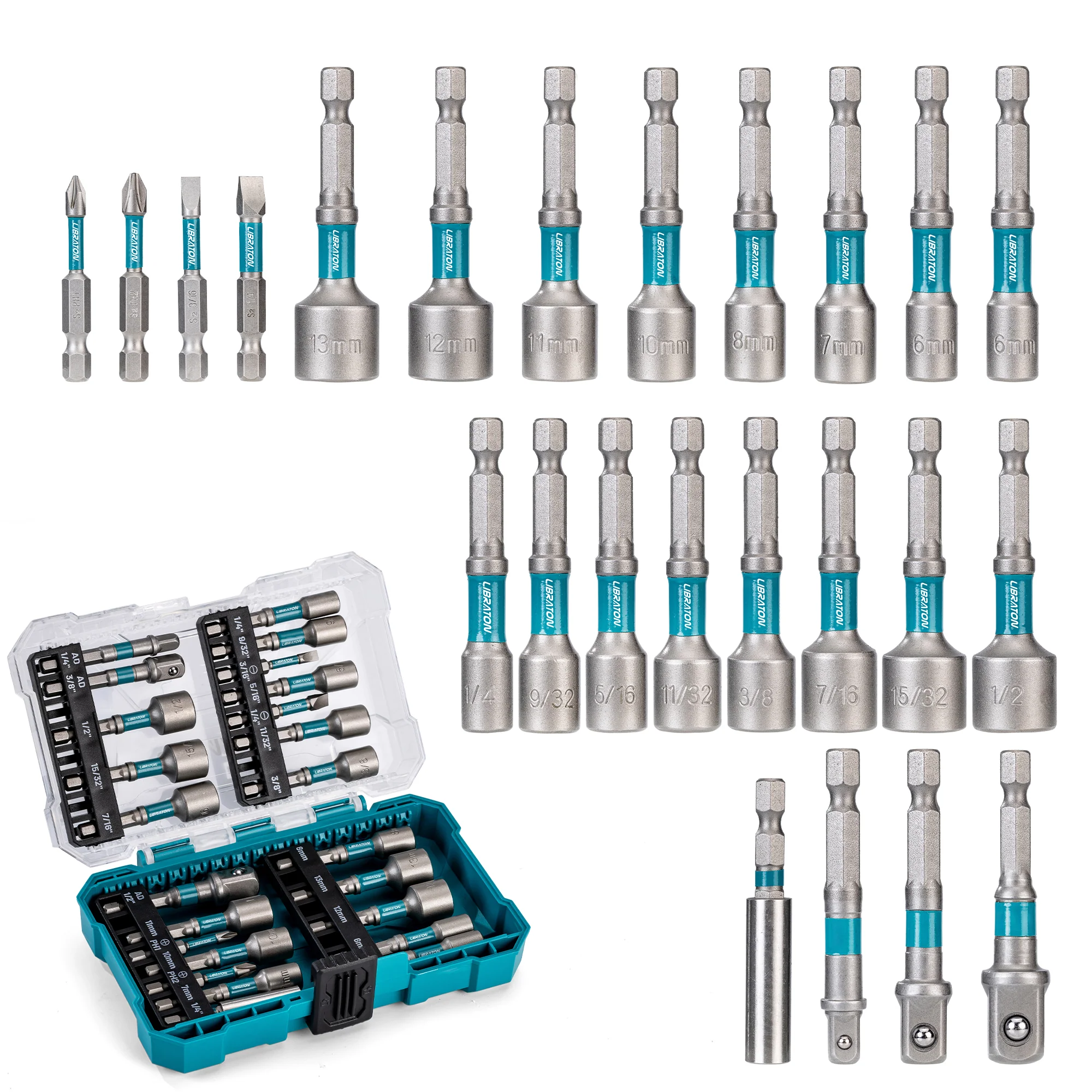 LIBRATON 24-PC Magnetic Nut Driver Set – SAE & Metric, 1/4″ Hex, Impact-Rated