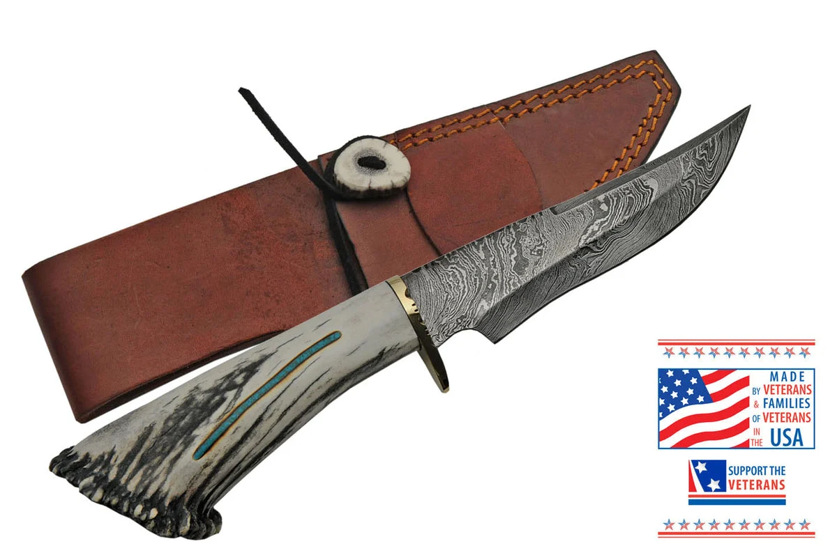 12″ Elk Antler Damascus Skinner Knife Made In USA