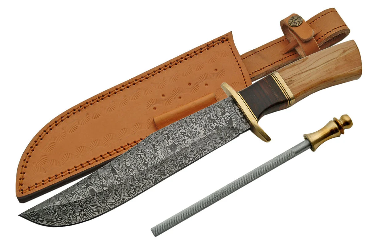 14.5″ Olive Wood Damascus Hunting Knife W/ Knife Sharpener