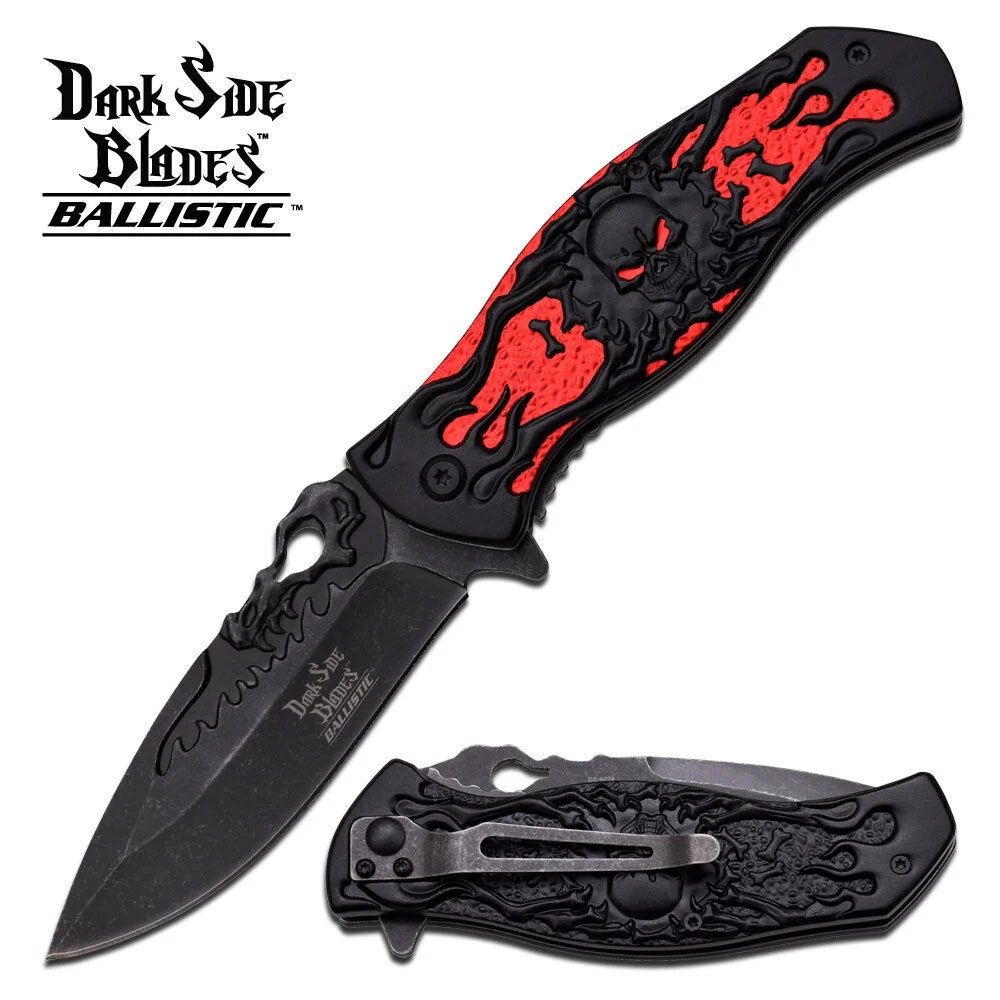 8.5″ Dark Side Blades Ballistic Flaming Red Eye Skull Pocket Knife