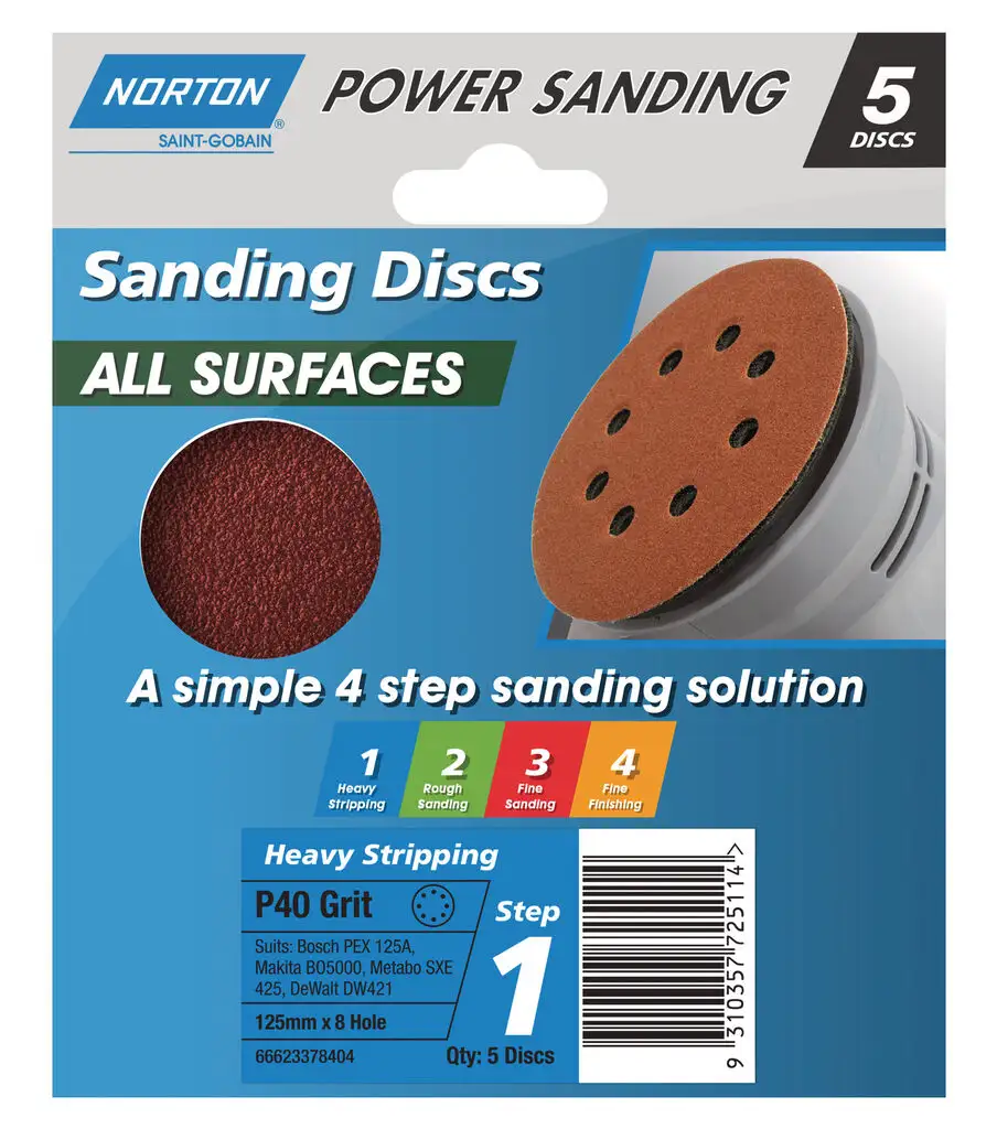 Norton Speedgrip Disc 125mm x 8H Step 1 P40 Grit – 5 Pack