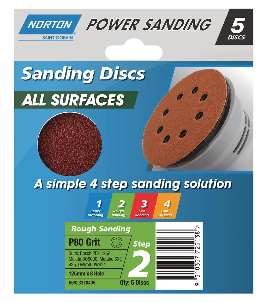 Norton Speedgrip Disc 125mm x 8H Step 2 P80 Grit – 5 Pack