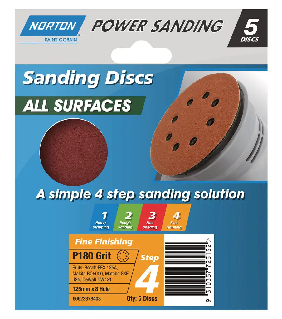 Norton Speedgrip Disc 125mm x 8H Step 4 P180 Grit – 5 Pack
