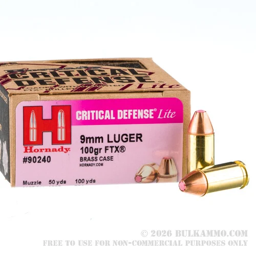 250 Rounds of 9mm Ammo by Hornady Critical Defense Lite - 100gr FTX