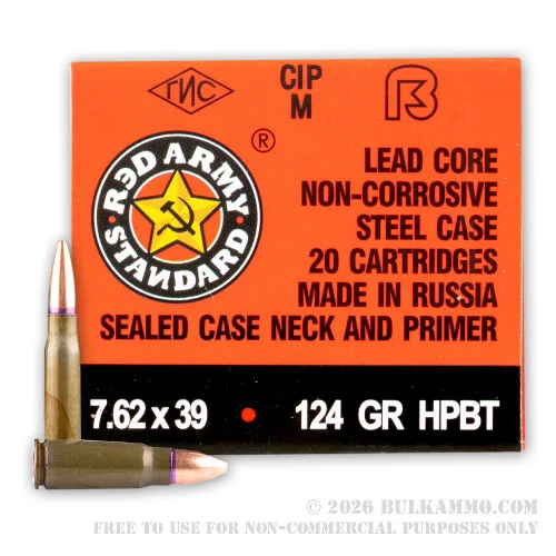 1000 Rounds of 7.62x39mm Ammo by Red Army Standard - 124gr HPBT
