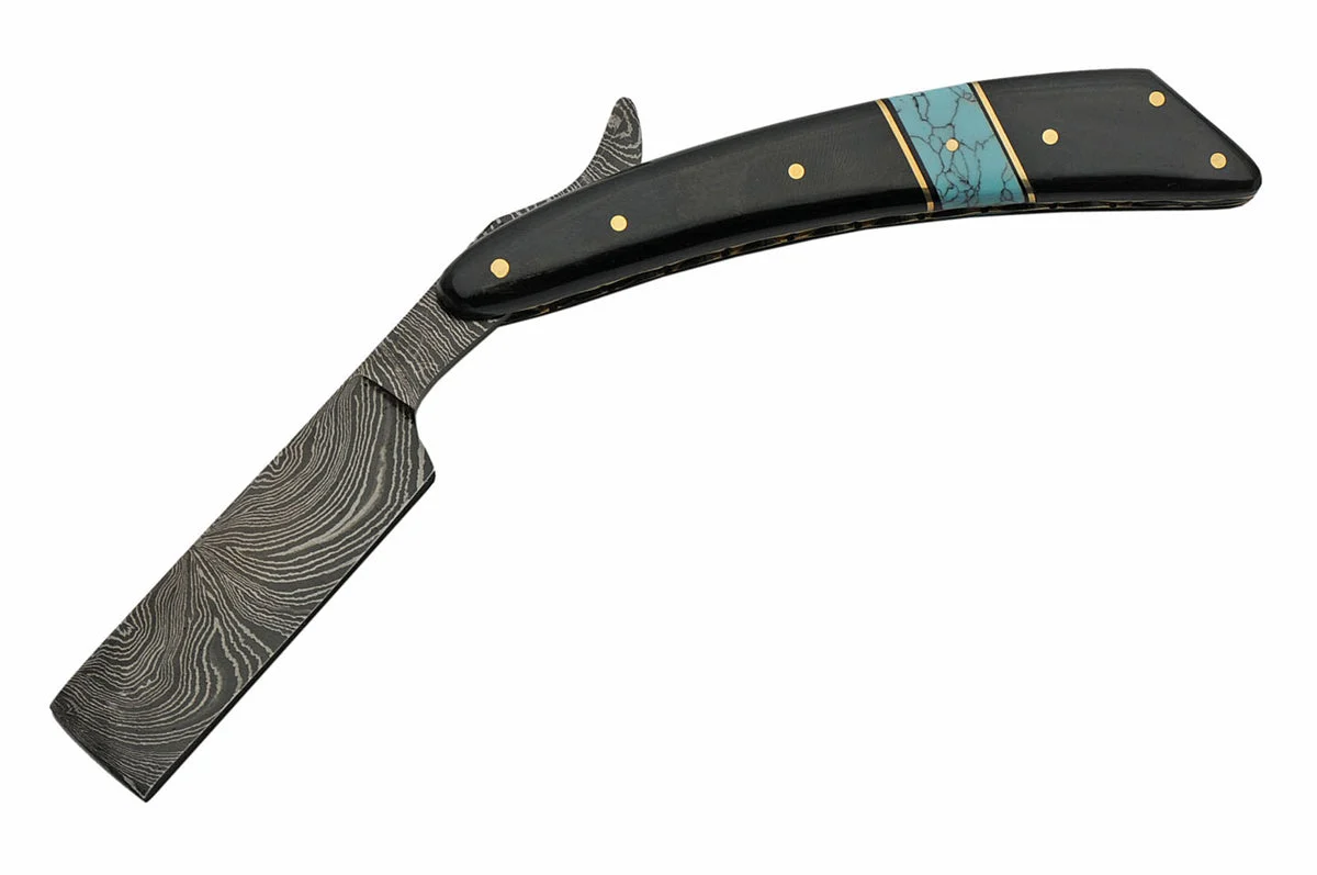 6.25″ Blue Horn Damascus Steel Shaving Razor Folding Knife