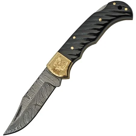 6.5″ Damascus Hand Engraved Black Ribbed Handle Pocket Knife