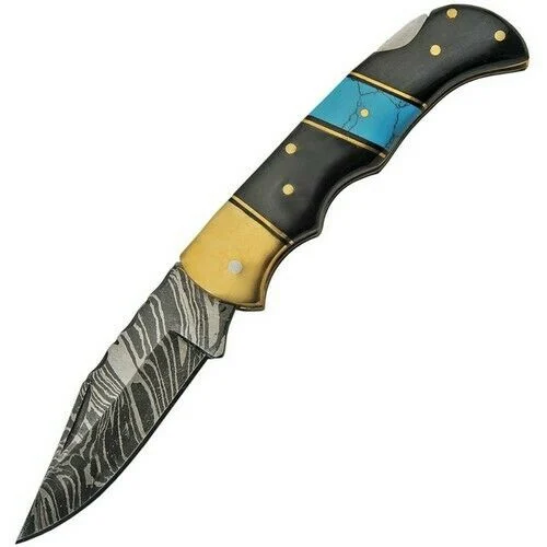 6.5″ Damascus Steel Turquoise Horn Pocket Knife w/ Sheath