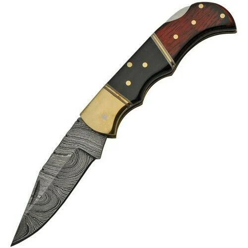 6.75″ Damascus Steel Wood & Buffalo Horn Pocket Knife (DM-1214)