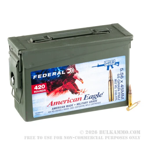420 Rounds of 5.56x45 Ammo by Federal American Eagle in Ammo Can - 55gr FMJBT XM193