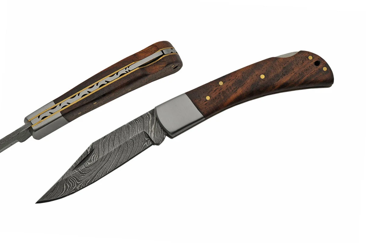 7.75″ Damascus Steel Wood Handle Folding Knife (DM-1180)