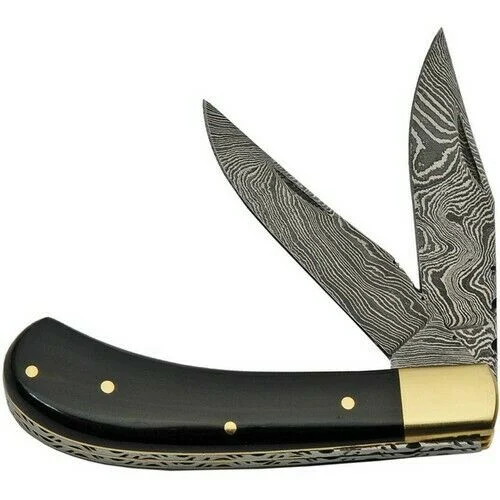 7″ Damascus Buffalo Horn Two Bladed Trapper Pocket Knife