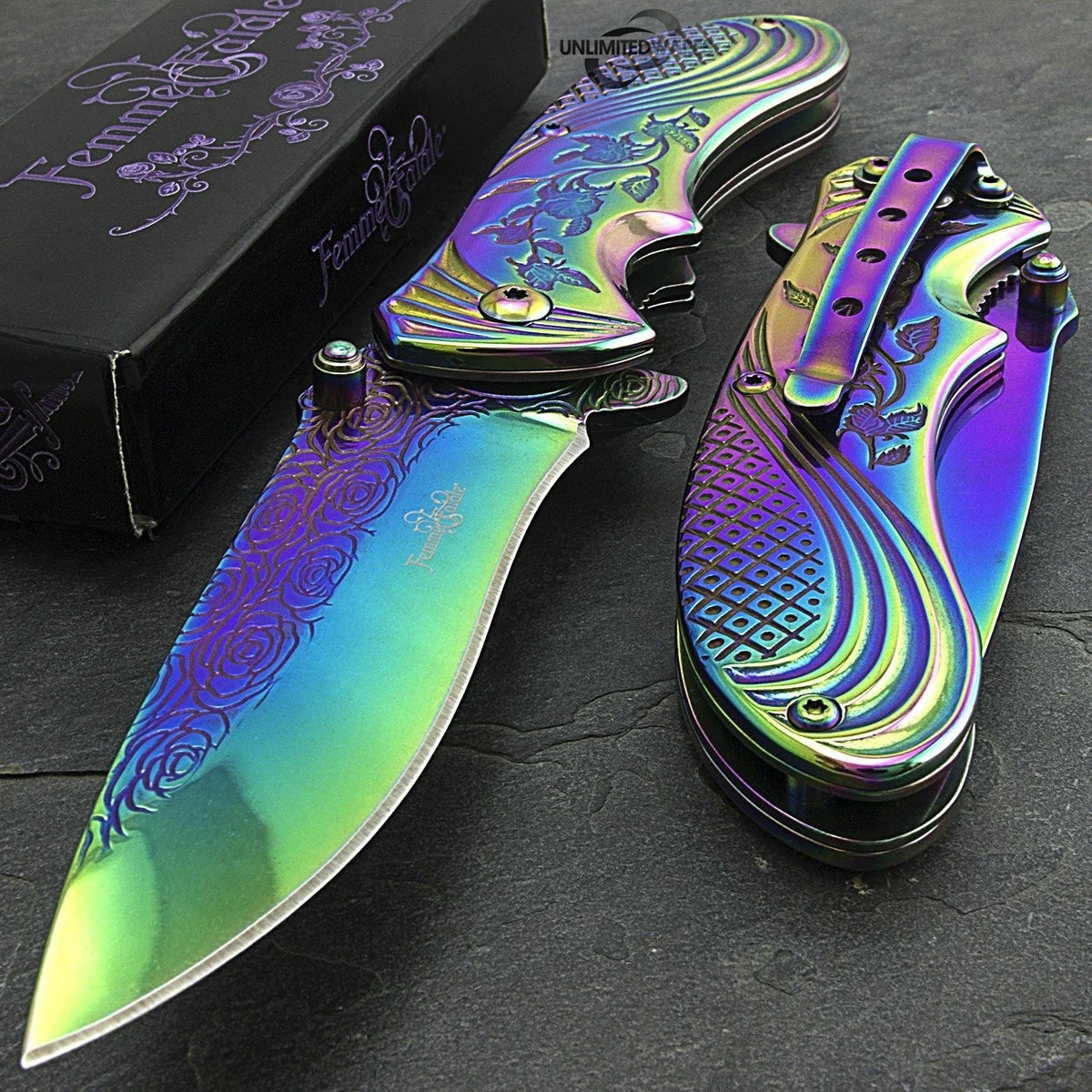 7″ Femme Fatale Flower Etching Rainbow Pocket Knife FF-A008RB