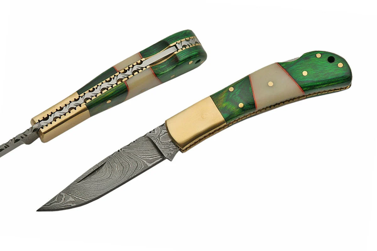7″ Green Wood Damascus Folding Pocket Knife (DM-1169)