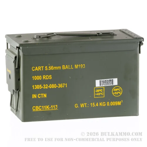 1000 Rounds of 5.56x45 Ammo by Magtech/CBC in Ammo Can - 55 gr FMJ **Surplus Ammo - Manufactured early 2000's**