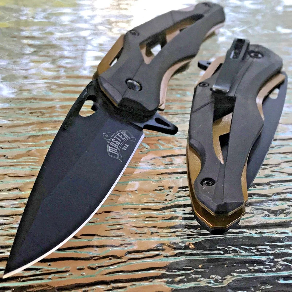 8.0″ MASTER USA ASSISTED TACTICAL RESCUE GOLD BLACK FOLDING POCKET KNIFE OPEN