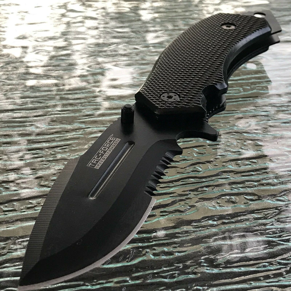 8.0″ TAC FORCE SPRING ASSISTED LARGE DROP POINT TACTICAL BLACK POCKET KNIFE OPEN