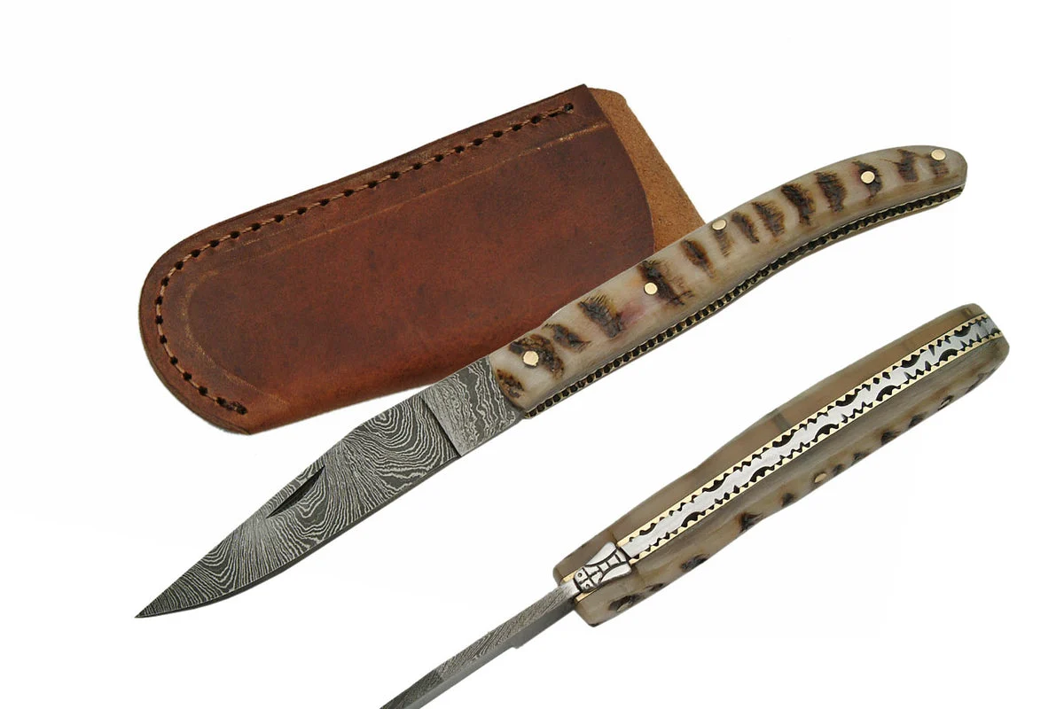 8.25″ Damascus Ram Horn Folding Pocket Knife (DM-1086)