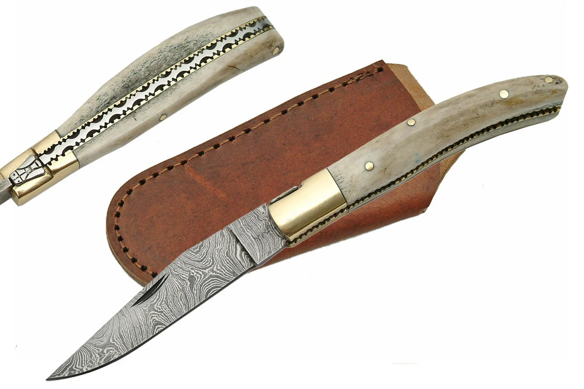 8.25″ Damascus Steel Antler Folding Knife For Sale (DM-1087)