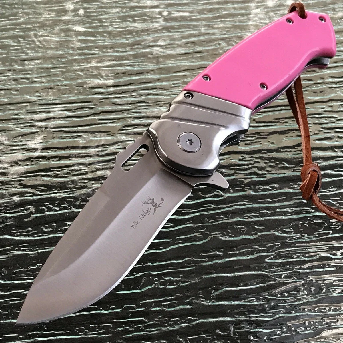 8.25″ Elk Ridge Pink Assisted Hunting Pocket Knife w/ Leather Lanyard