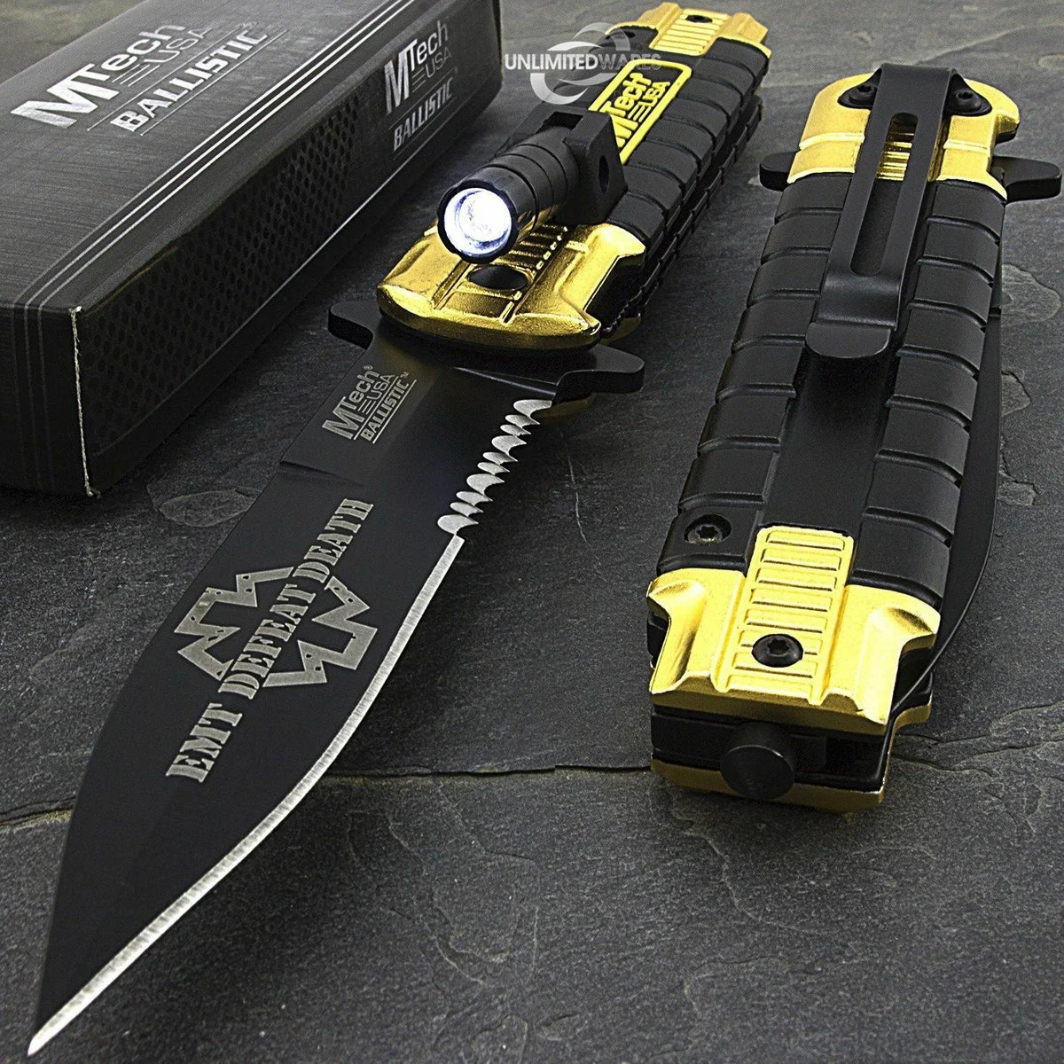 8.25″ MTech USA EMT EMS Rescue Yellow Pocket Knives w/ LED Flashlight