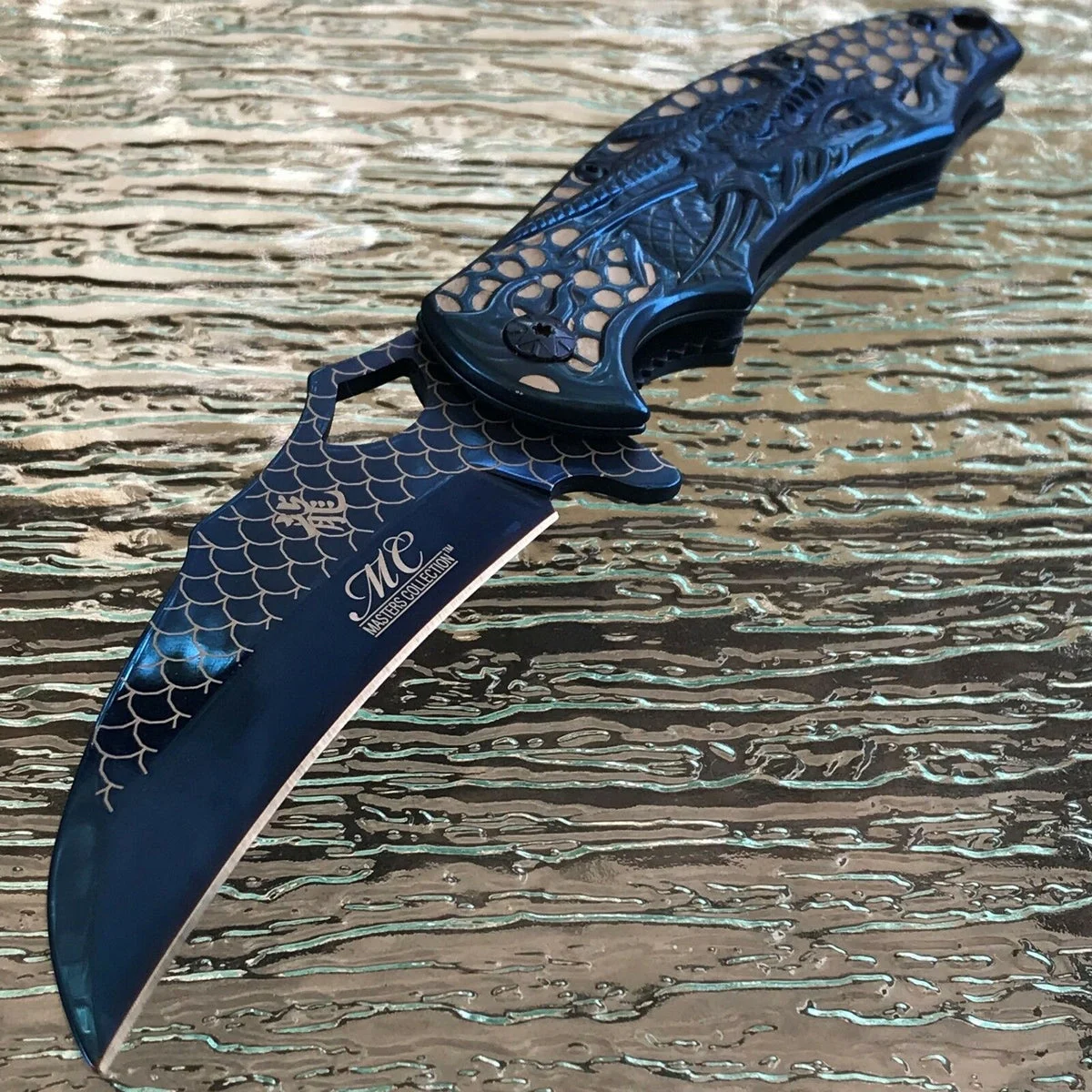 8.5″ Blue Wave Dragon Fantasy Spring Assisted Tactical Folding Pocket Knife Open