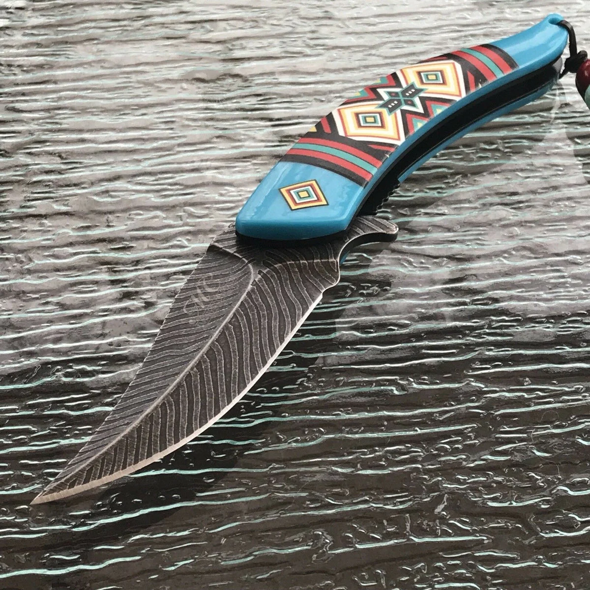 8.5″ Damascus Knife Blue Native American Assisted Open Pocket Knife