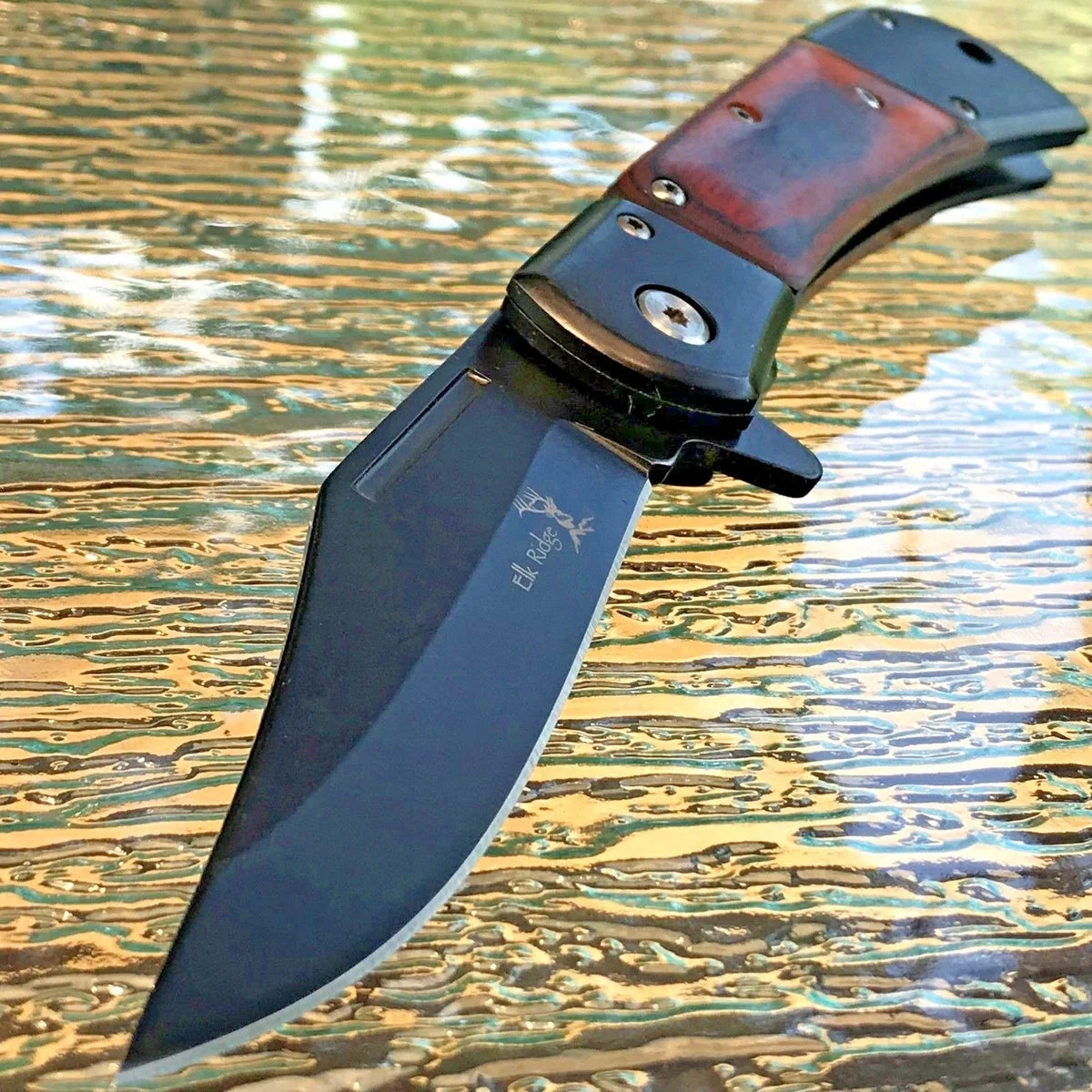 8.5″ ELK RIDGE WOODEN HANDLE SPRING ASSISTED HUNTING POCKET KNIFE