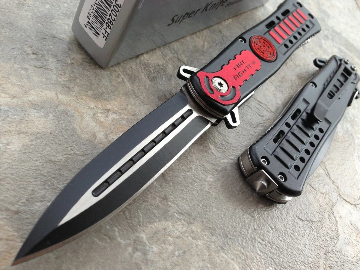 8.5″ Fire Man Red Fire Fighter EMS EMT Stiletto Rescue Pocket Knife