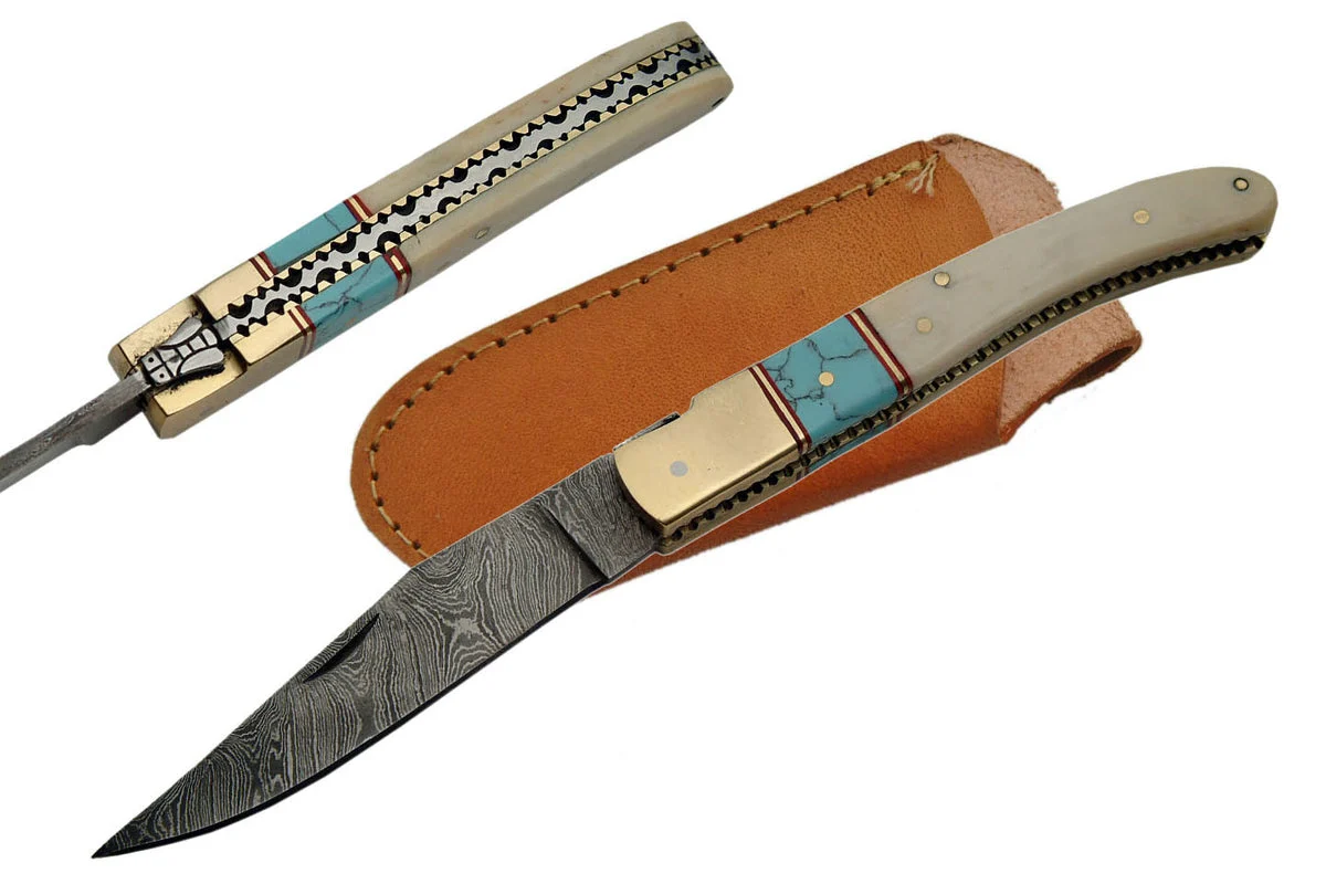 8.5″ Handmade Bone Damascus Folding Knife