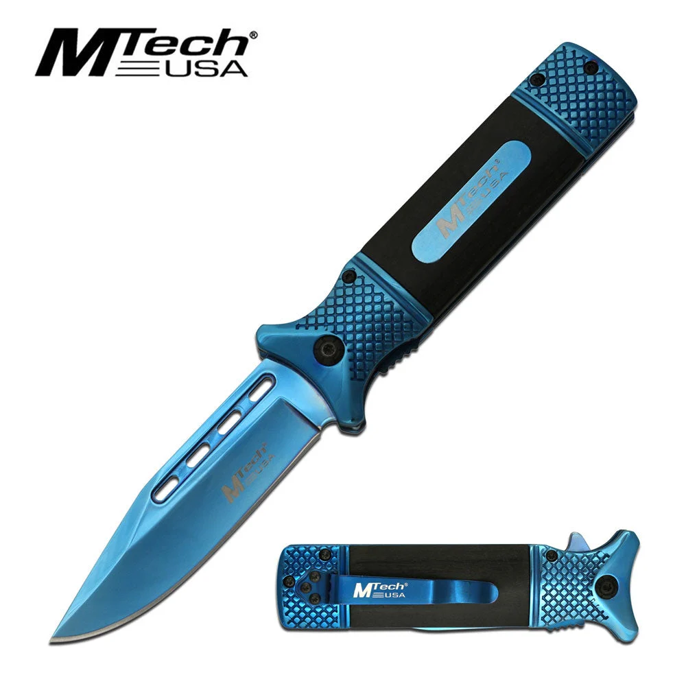 8.5″ MTech USA Blue Spring Assisted Drop Point Blade Pocket Knife