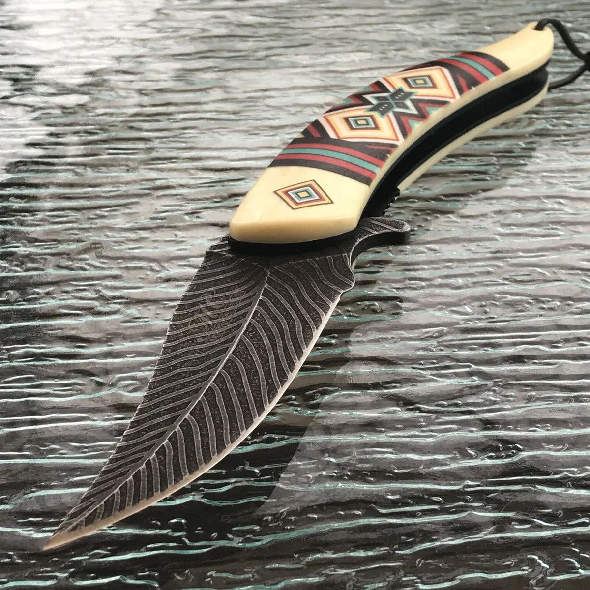 8.5″ NATIVE AMERICAN DAMASCUS STYLE BROWN SPRING ASSISTED KNIFE