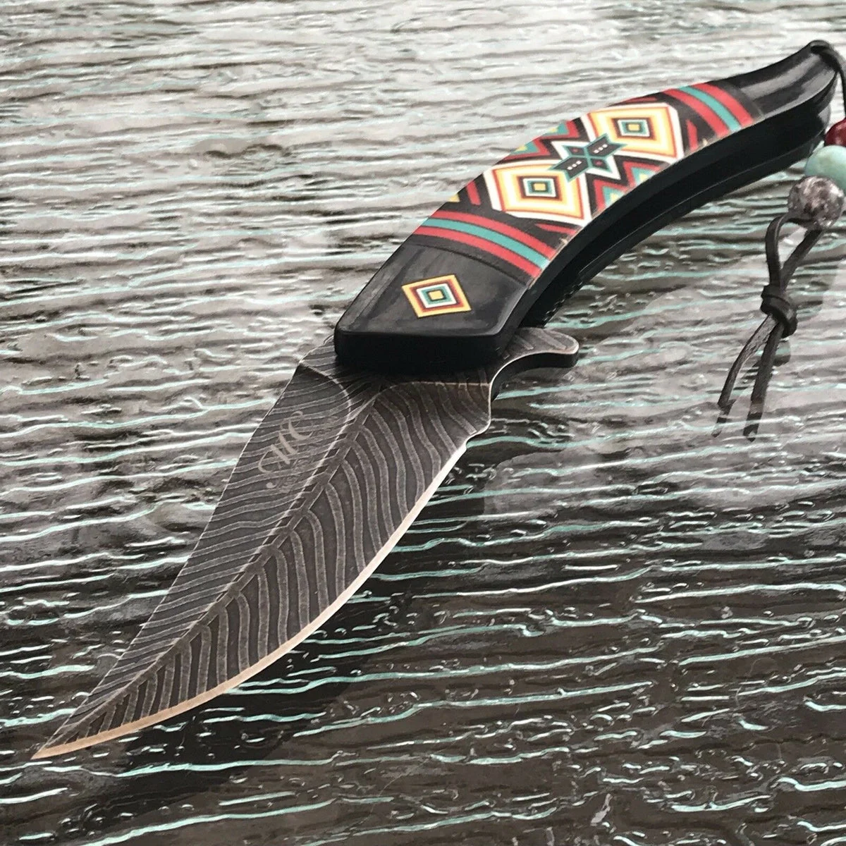 8.5″ NATIVE AMERICAN DAMASCUS STYLE SPRING ASSISTED BLACK HANDLE KNIFE