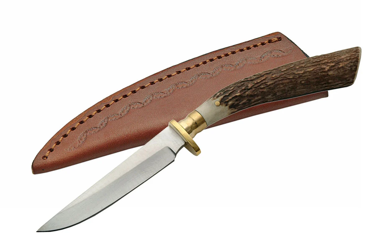 8.5″ Steel Stag Long Drop Point Hunting Knife w/ Sheath (SS-7018)