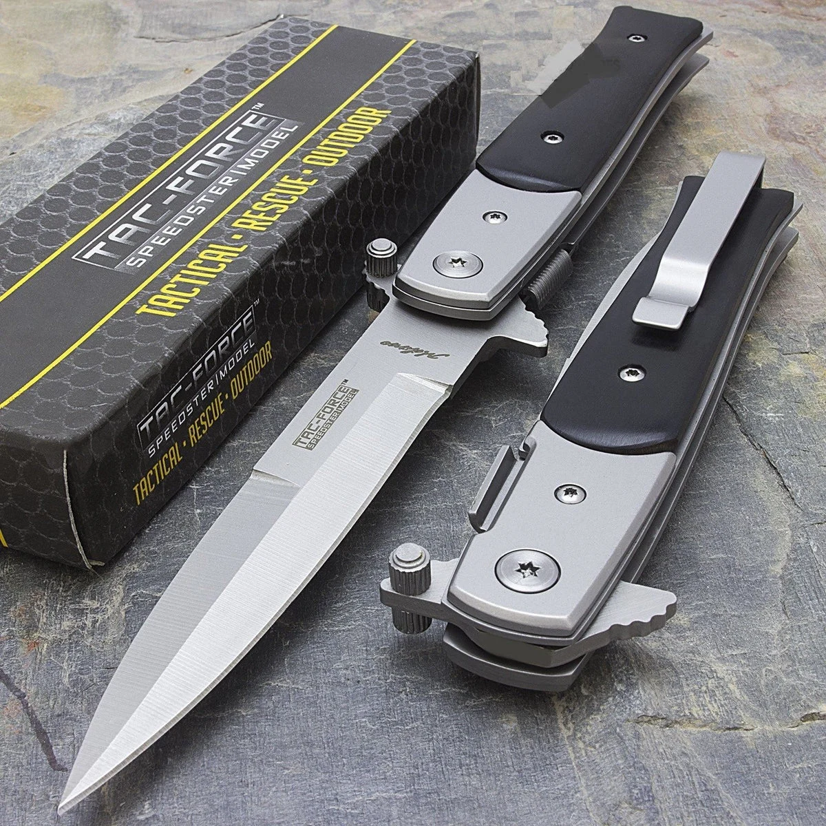8.5″ Tac Force Silver & Black Stiletto Assisted Pocket Knife