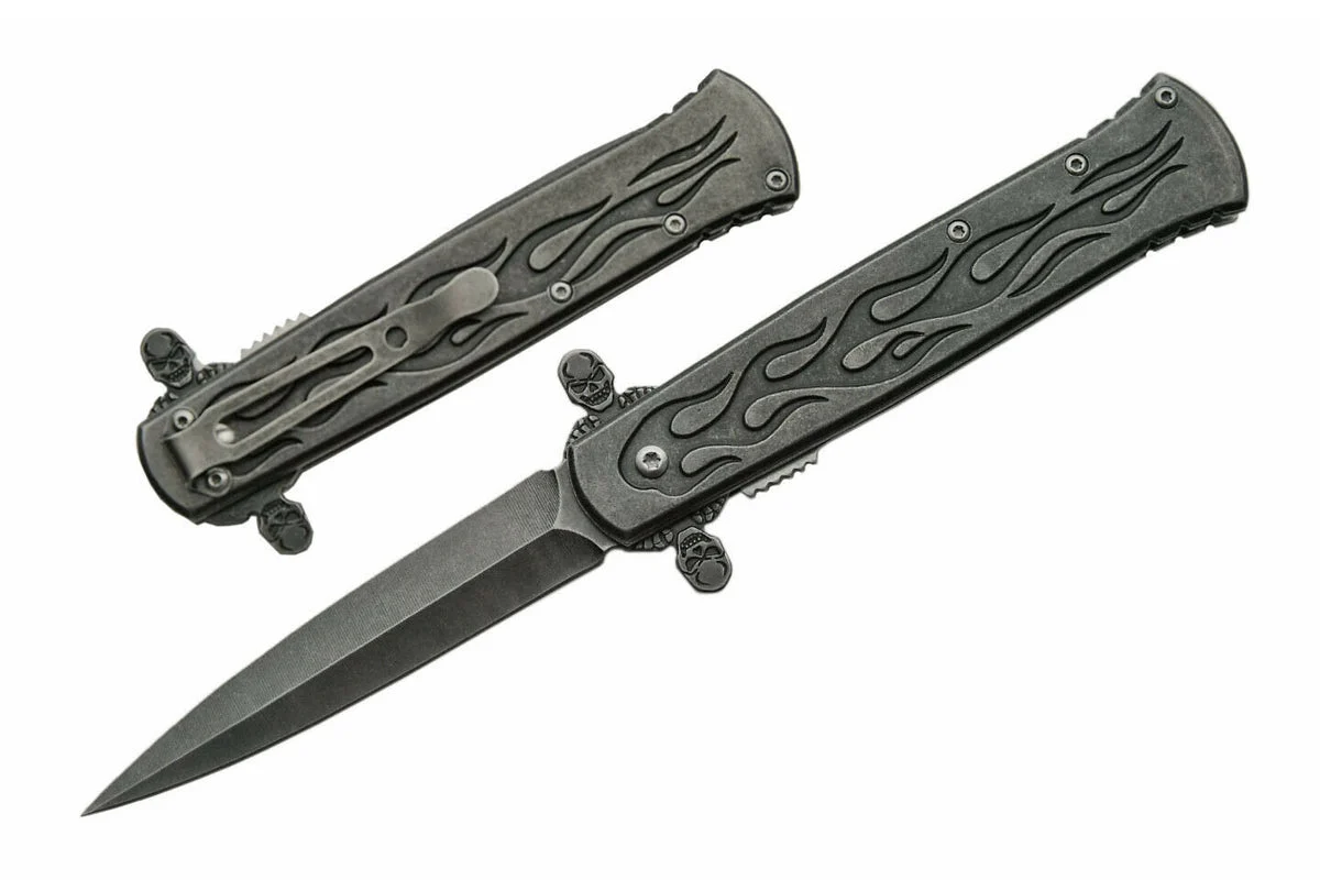8.5″ Tac Force Stiletto Web Skull Assisted Stonewashed Tactical Pocket Knife