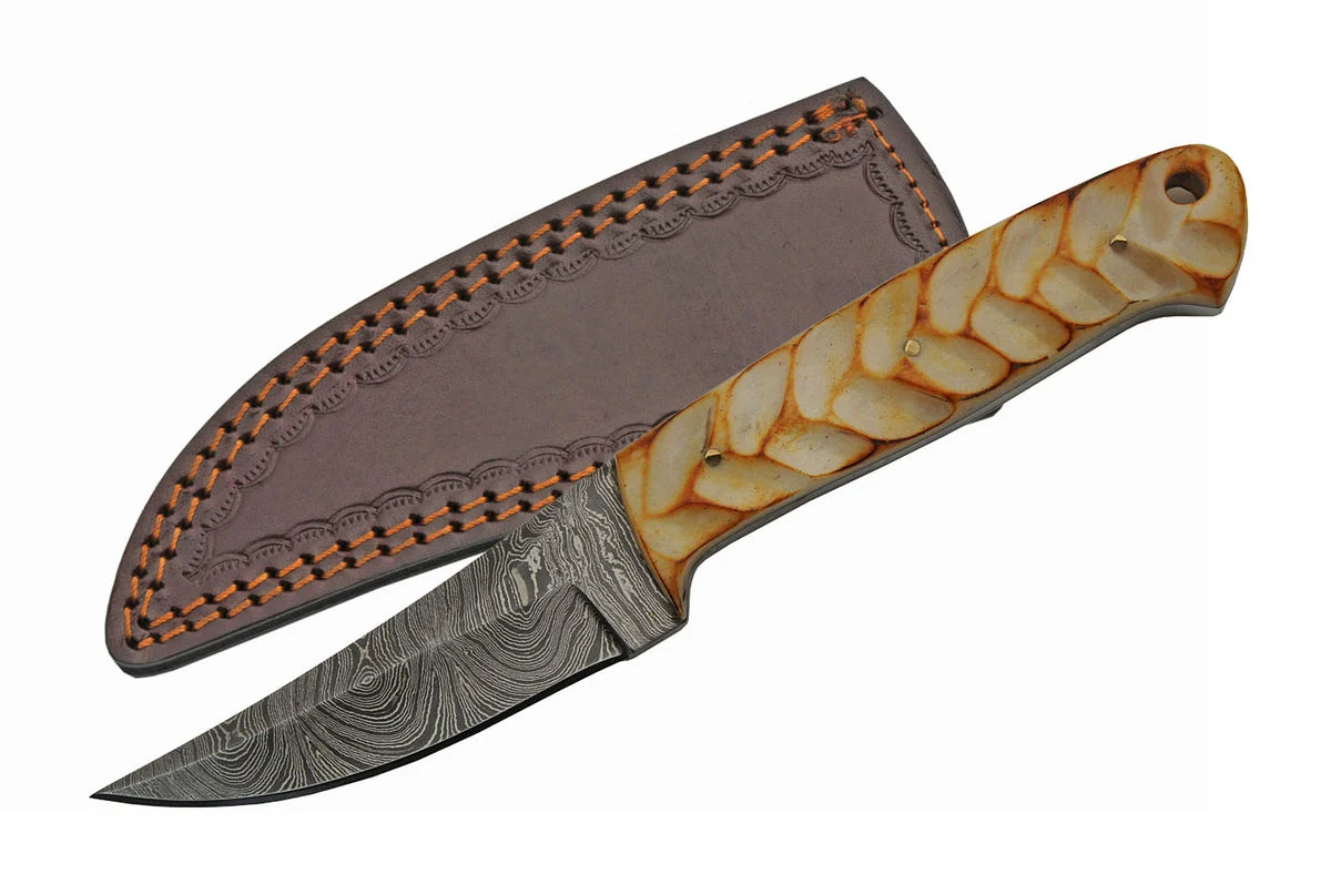 8″ Burnt Bone Leaf Hunter Damascus Skinning Knife