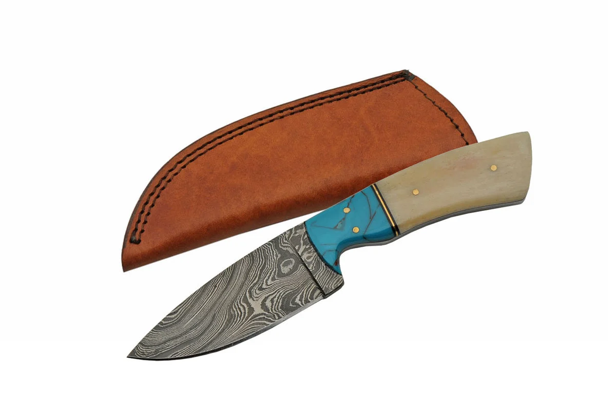 8″ Damascus Bone Blue Turquoise Skinning Knife