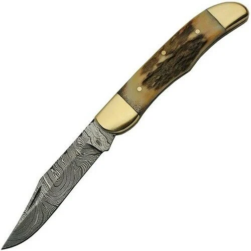 8″ Damascus Steel Stag Antler Hunting Pocket Knife
