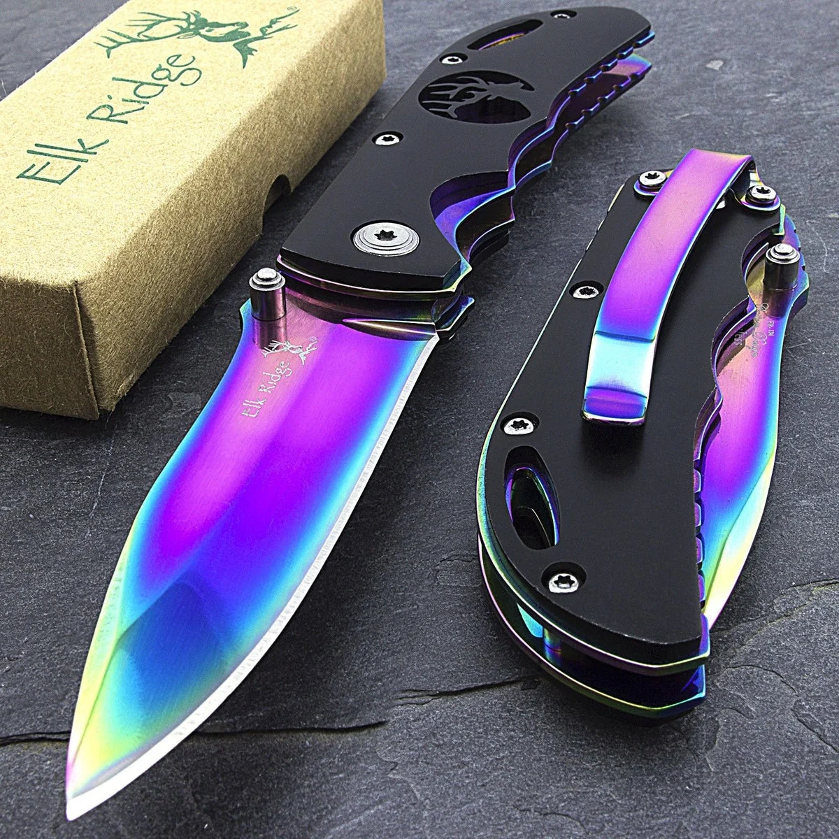 8″ ELK RIDGE RAINBOW BLADE ASSISTED CAMPING POCKET KNIFE (ER-A008RB)