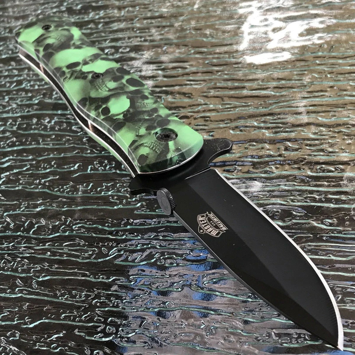 8″ Master USA Assisted Open Green Skulls EDC Pocket Knife MU-A006GN