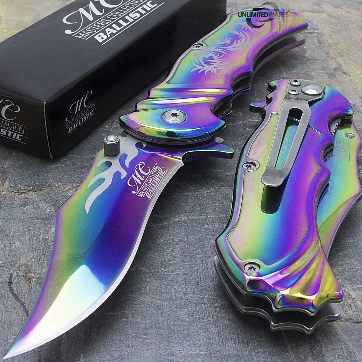 8″ MC Masters Collection Ballistic Dragon Flame Rainbow Pocket Knife