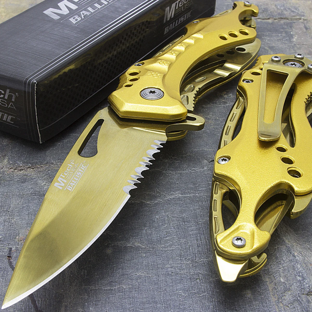 8″ MTECH USA ASSISTED OPEN GOLD HANDLE BALLISTIC POCKET KNIFE TF-705GD