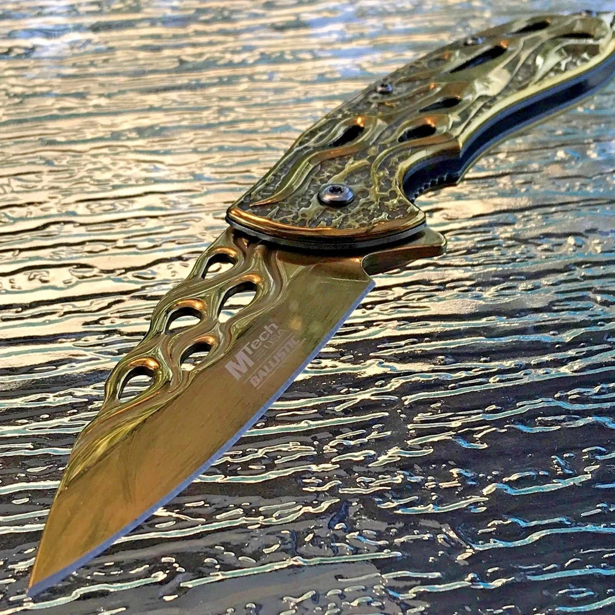 8″ Mtech USA Gold Flames Spring Assisted Folding Fantasy Pocket Knife
