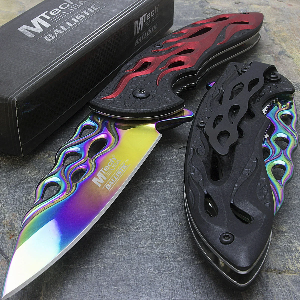 8″ MTech USA Red Flames Spring Assisted Fantasy Ballistic Pocket Knife