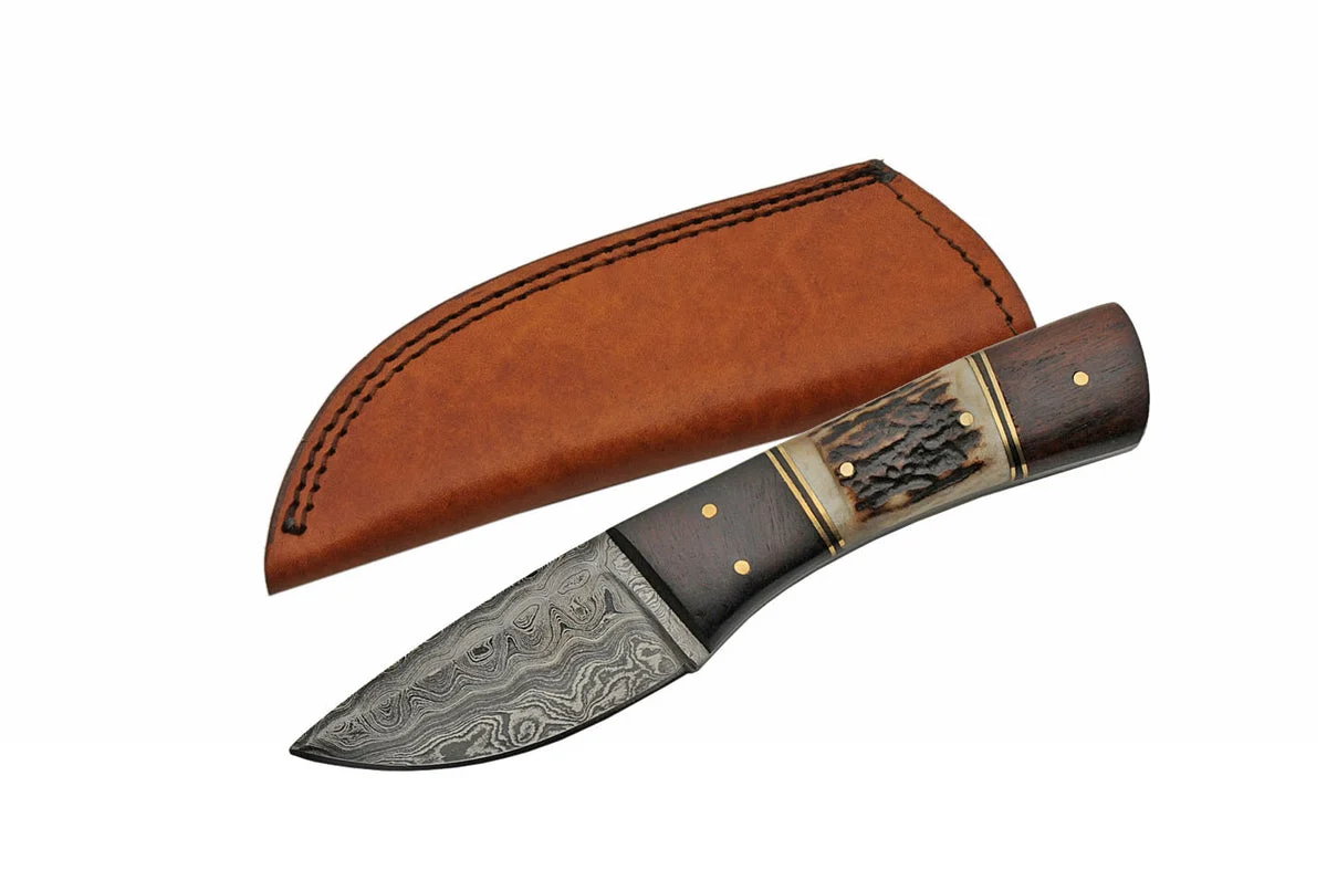 8″ Stag & Wood Short Damascus Skinning Knife