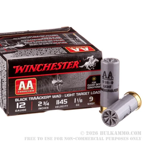 25 Rounds of 12ga Ammo by Winchester TrAAcker Black -2-3/4" 1-1/8 ounce #9 shot