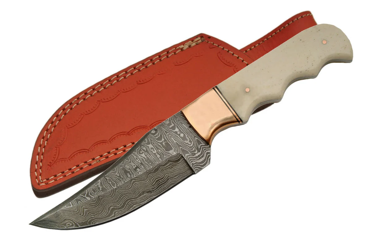 9.25″ Handmade Damascus Copper Bolster Bone Skinner Knife