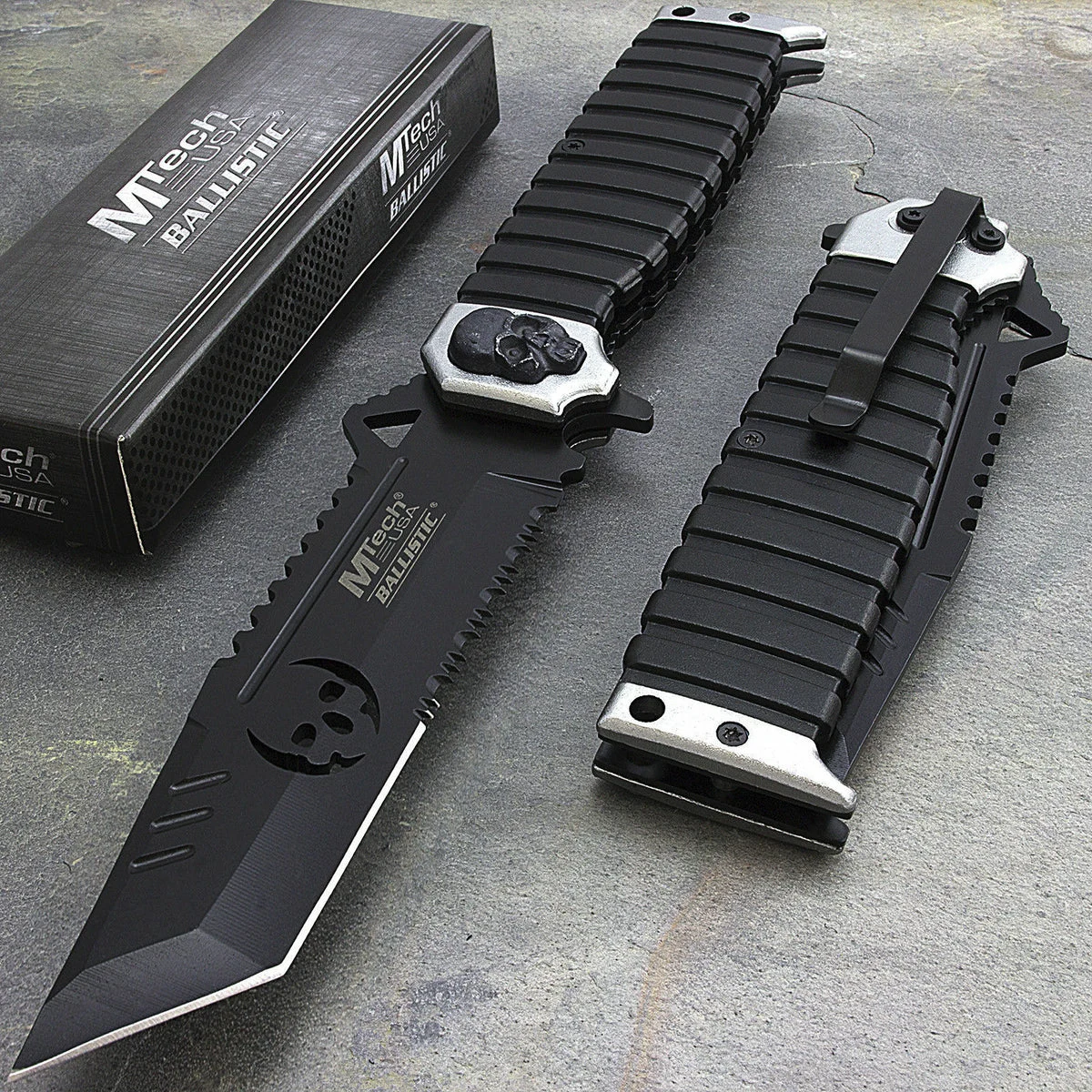 9.5″ MTech Zombie Silver Skull Sawback Assisted Tanto Blade Knife